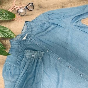 🛍️Sale🔥St Johns Bay Denim Long Sleeve Chambray Ruffle ButtonUp